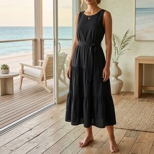 J.Crew Midi Dress 14 Black Cotton Tiered Guaze Sleeveless Belted Pockets New
